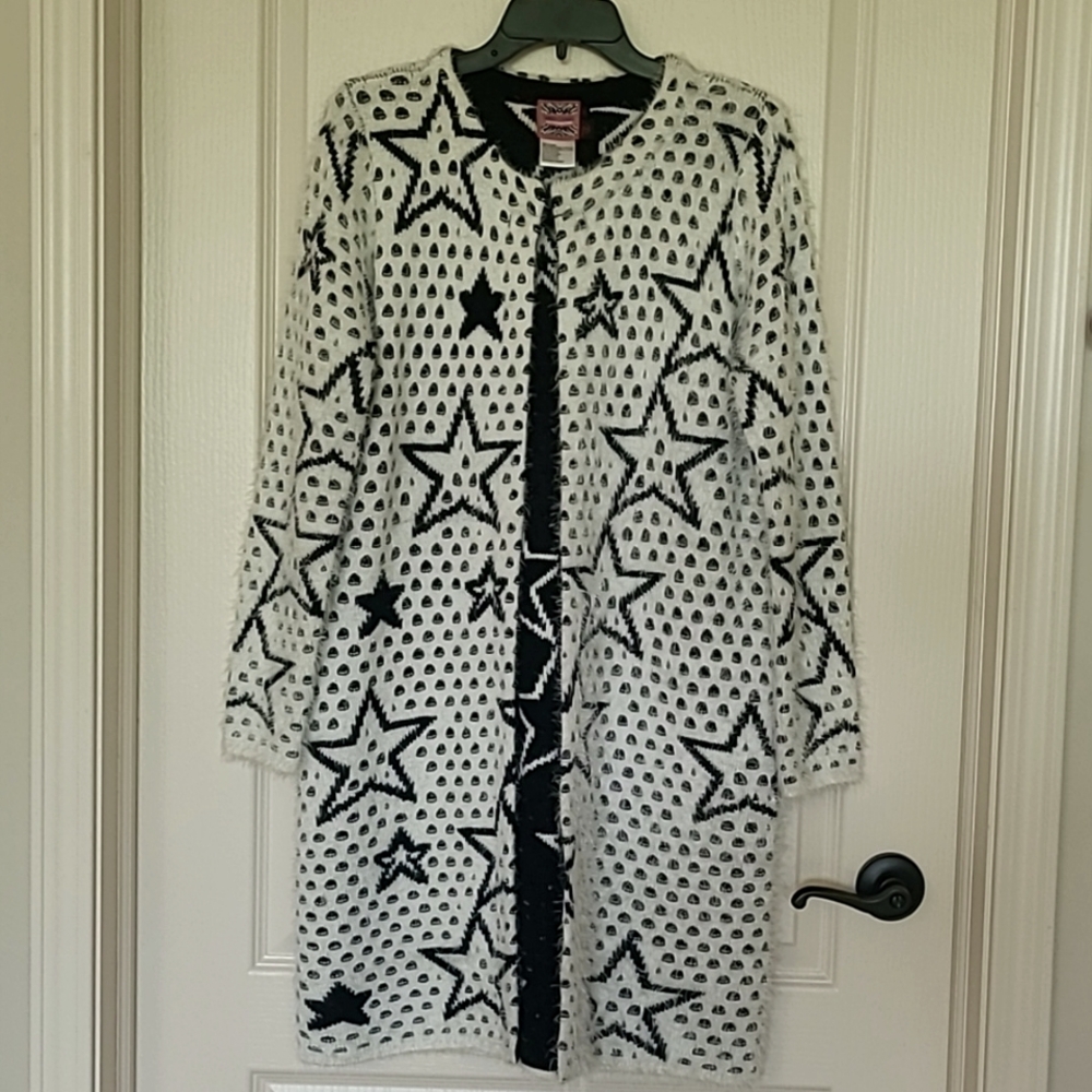 SIMON CHANG Black and White Star and Mohair Style Textured Cardigan Size S